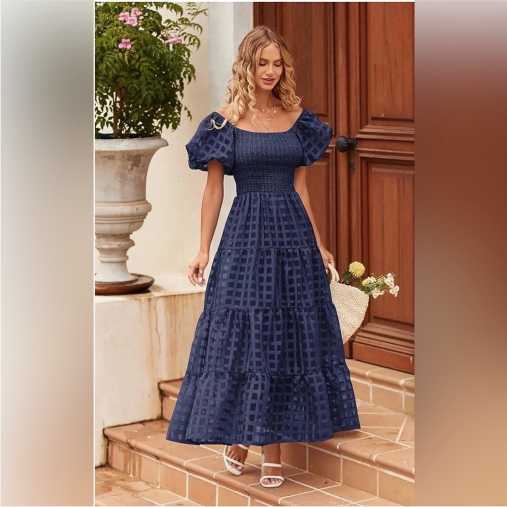Pretty Garden Midi Dress Puff Sleeve Tiered Smocked Off Shoulder - Dark Blue, XL
